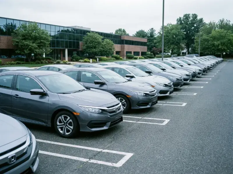 A row of identical corporate fleet sedans in a New Jersey suburban office lot