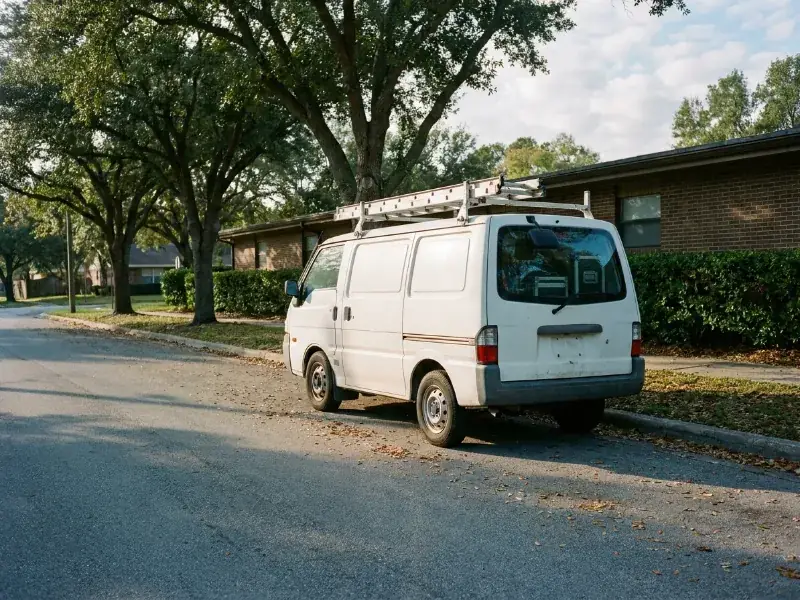 A pest control service van parked in a New Jersey commercial district