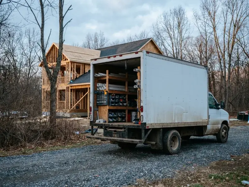 A plumber’s box truck parked at a New Jersey residential job site, rear door open to organized pipe racks